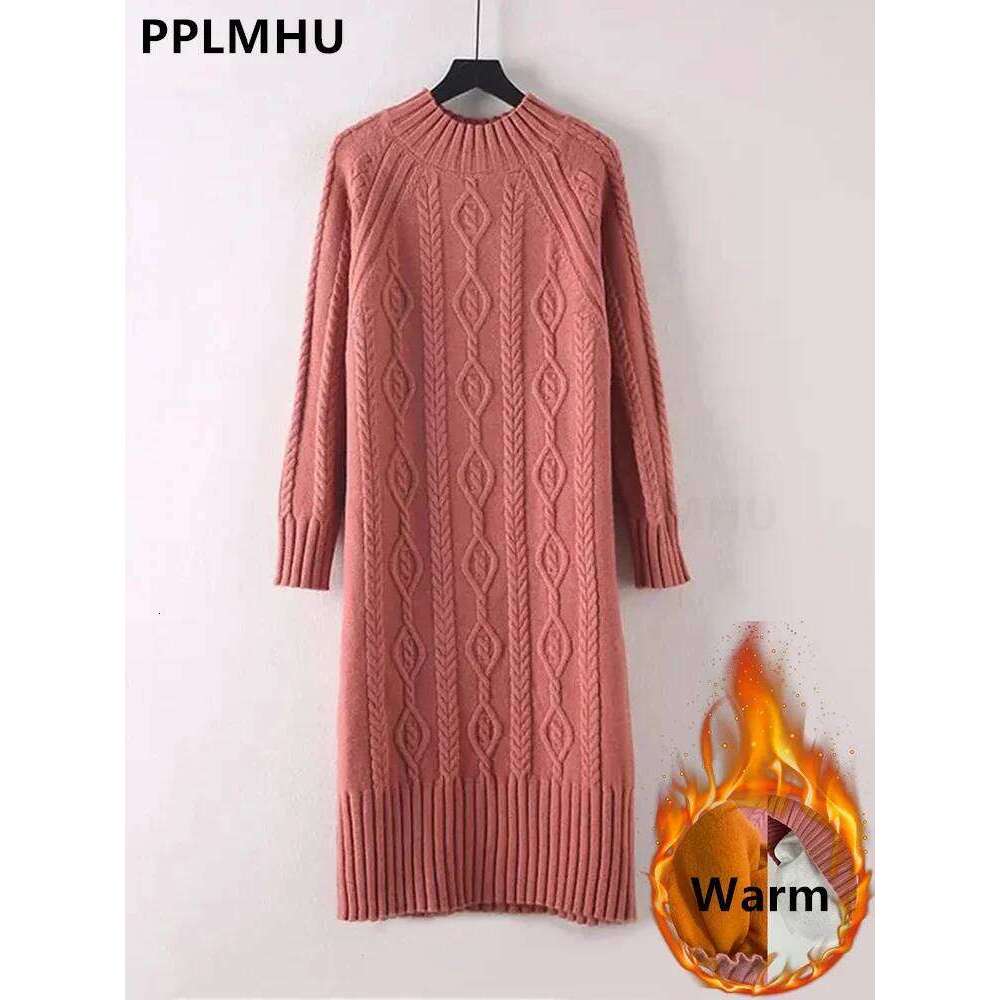 Winter Thicken Plush Velvet Lined Sweater Dress Women's Fall Half Turtleneck Rib Knit Bottom Dresses Elegant Warm Vestido Midi