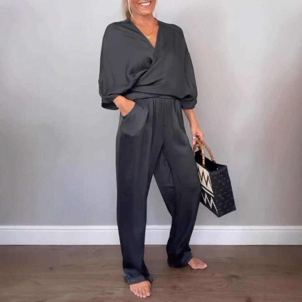 2025 Summer New European American Cross-Border Women's Clothing Independent Station Foreign Trade Solid Color Satin Short Sleeve Top and Pants Se