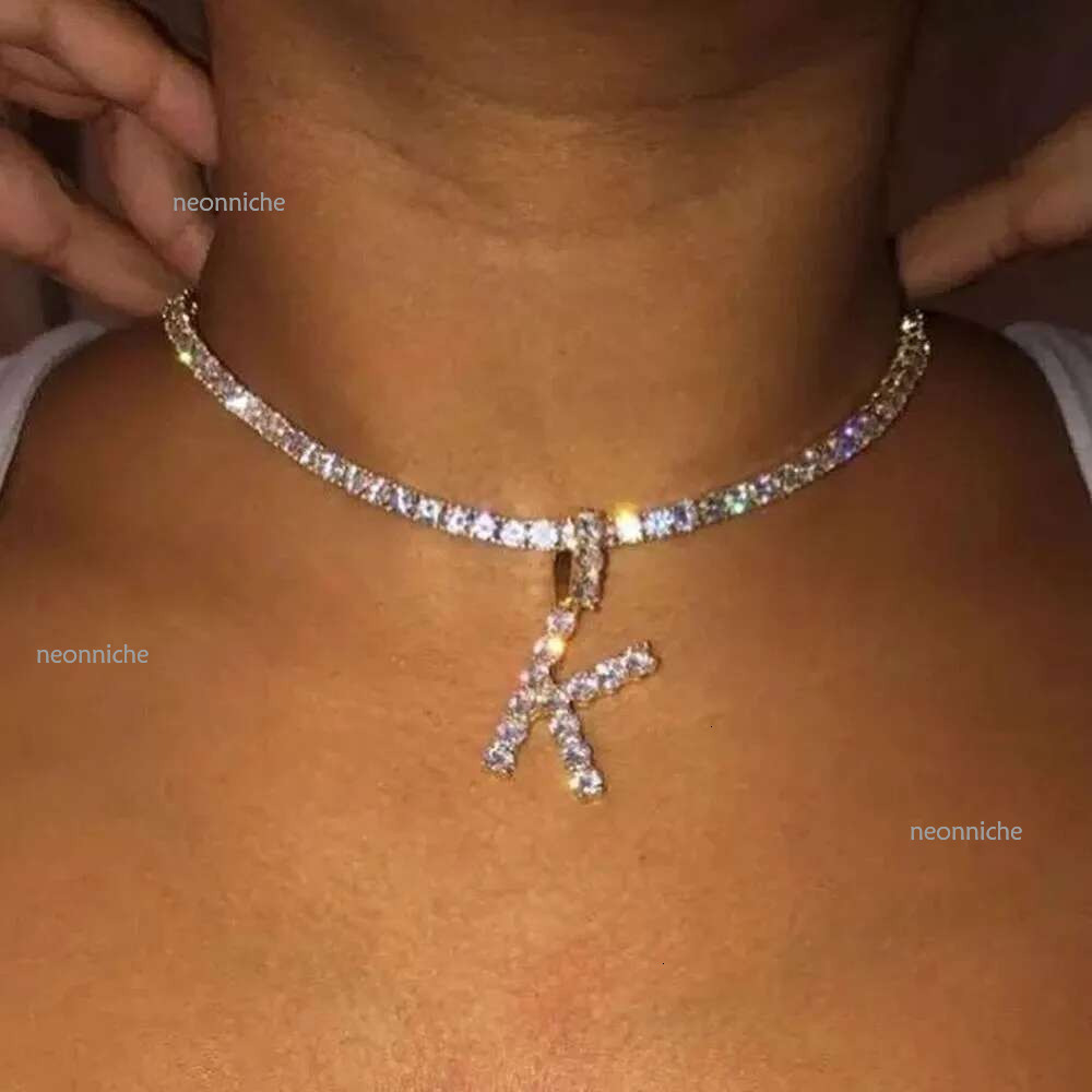 26 Letter Initial Pendant Tennis Chain Choker for Women Statement Bg Crystal Alphabet Necklace Collar Jewelry