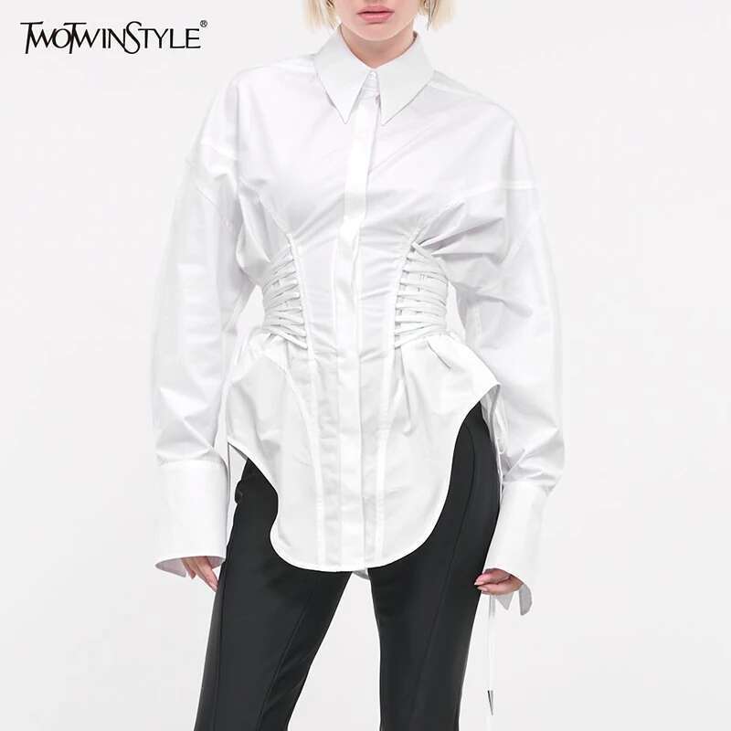 TWOTWINSTYLE Solid Spliced Lace Up T Shirts For Women Lapel Long Sleeve Patchwork Single Breasted Fashion Top Female Clothing