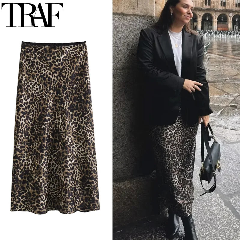 Traf Skirts Womens Leopard Midi Skirt High Waist Retro Long Leather Bow Satin Elegant 250410