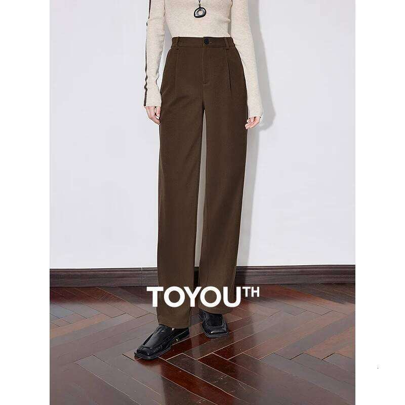 TOYOUTH Women Casual 2025 Autumn And Winter New Mid Waist Workwear Style Straight Woolen Pants