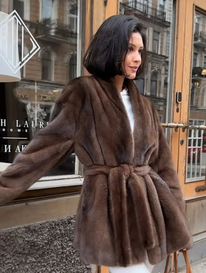 Women Fashion Elegant Lace Up Faux Fur Jacket Plush Vneck Long Sleeve Loose Warm Jackets Lady Winter Commute Street Coats 251110