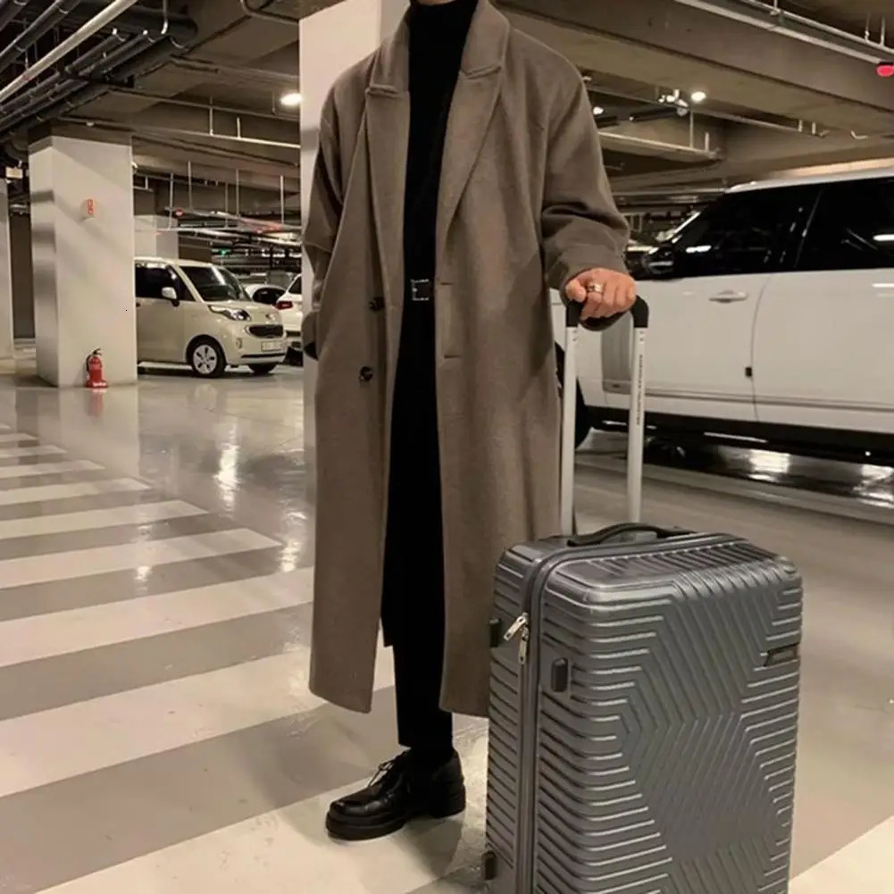 Men Long Woolen Coat Lapel Long Sleeve Windbreaker Pockets Solid Color TwoButton Placket Midlength Outwear 251103