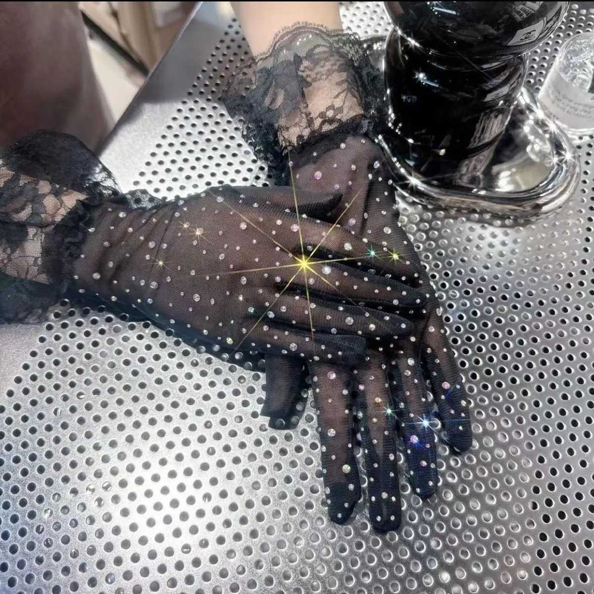 Women Sexy Transparent Shiny Pole Dancing High Stretch Gloves Stage Performance Cosplay Mesh Lolita Elegant Short Ruffle L251110