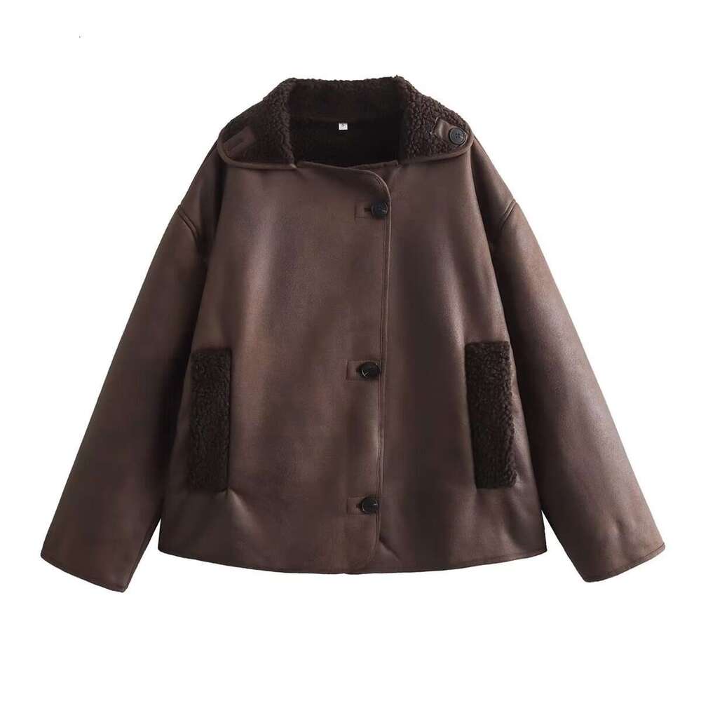 Foreign Trade Women's Clothing Wholesale Spring Autumn New Casual Leather and Fur Integrated Turn-down Collar Reversible Jacket Coat
