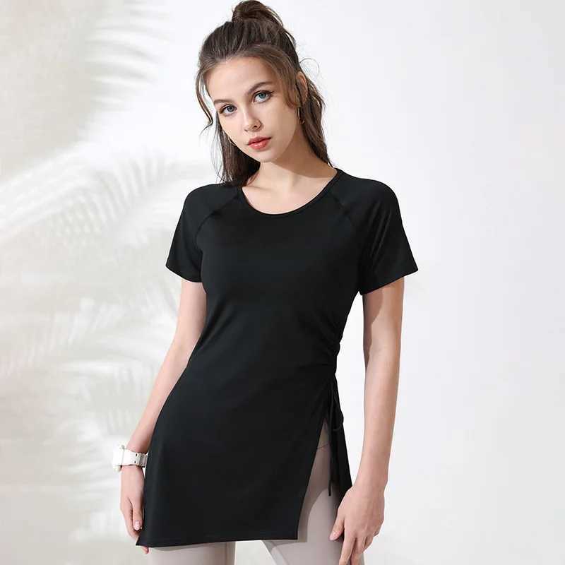 Womens sports shirt short sleeved yoga top gym long shirt side pull split sports top breathable fitness yoga suitXJ250410