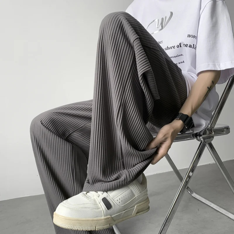 Summer Pleated Pants Men Fashion Oversized Ice Silk Pants Men Japanese Streetwear Hip-hop Loose Straight Pants Mens Trousers 250408