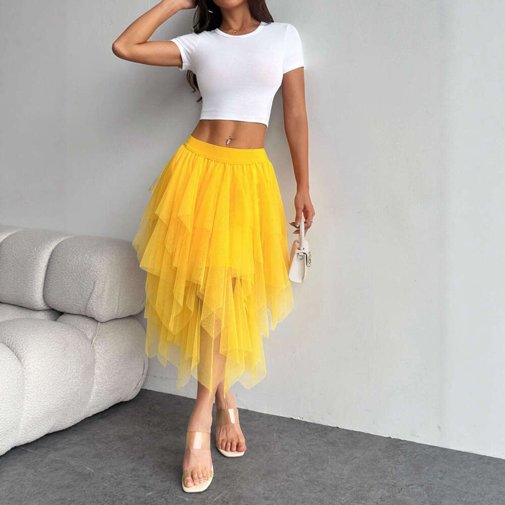 Irregular Mesh Midi for Women, Mid-Length, 2025 Spring New High Waist Versatile Slimming Skirt