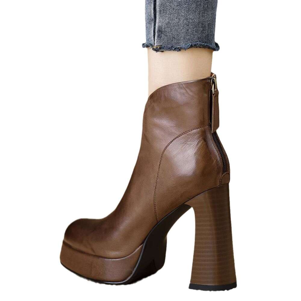 Woman Sandals Brown Leather High End Pointed Scalp With Sole Short Boots Super High Heels Thick Heel Back Zipper Fashion Boots For Women