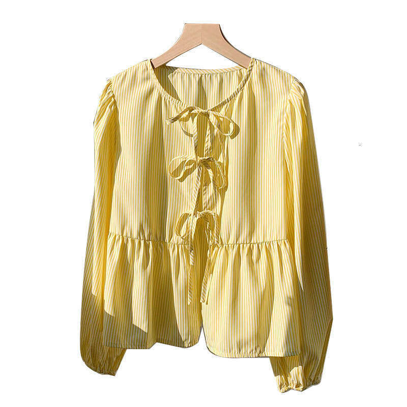 Cross-Border Amazon Foreign Trade European and American Long Sleeve Tie Versatile Striped Shirt 2025 Autumn New Women's Top