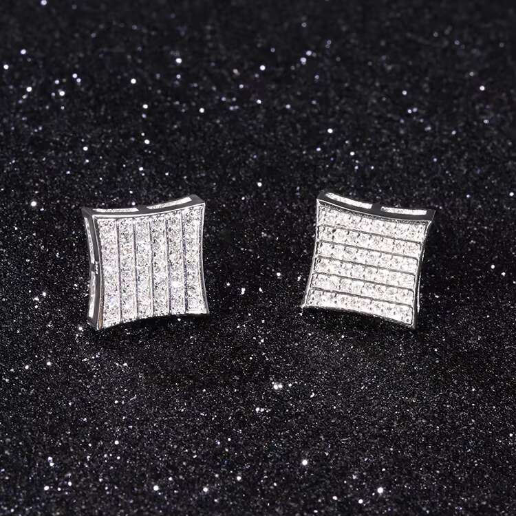 Best Seller Square Shape Jewelry Earring Filled GRA Moissanite Diamond 925 Sterling Silver Stud Earring for Rapper