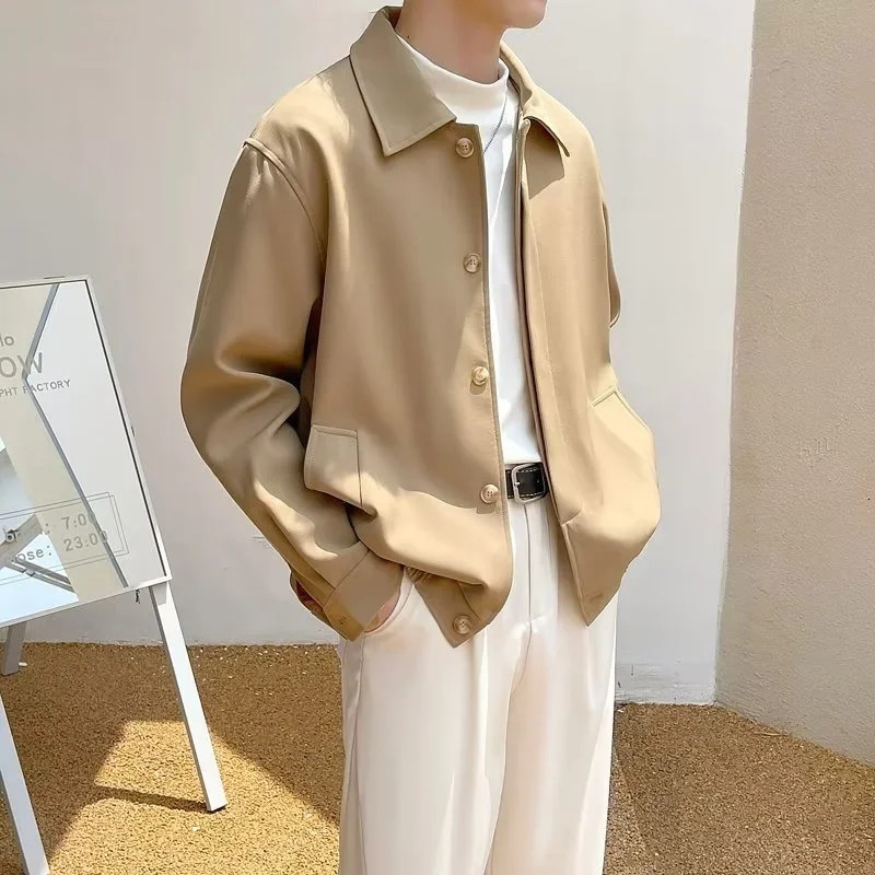 Spring Mens Single Chest Cargo Bomber Jacket Korean Fashion Polo Collar Solid Jacket Retro Street Jacket 250410