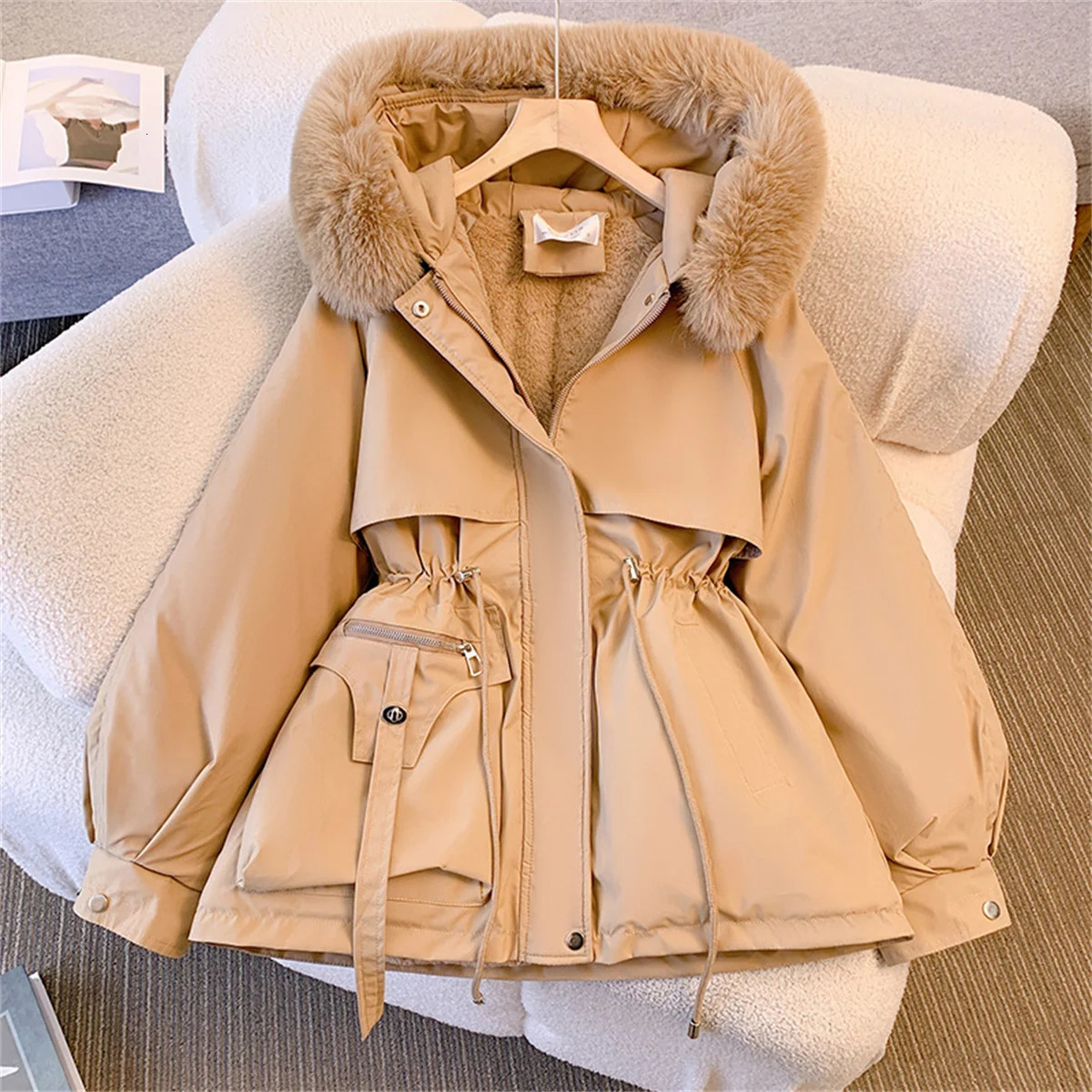Women Autumn Winter Fashion Coats Korean Hooded Drawstring Padded Jackets Solid Female Casual Street Outfit Coat Zip Up Parkas 251110