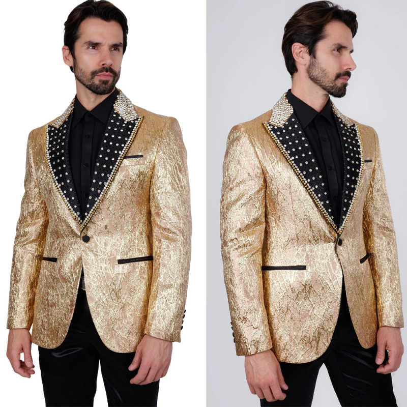 Luxurious Men Suits 2 Pieces Jacquard Peaked Lapel One Button Jacket Sets Crystals Beaded Groom Wedding Tuxedos Customized