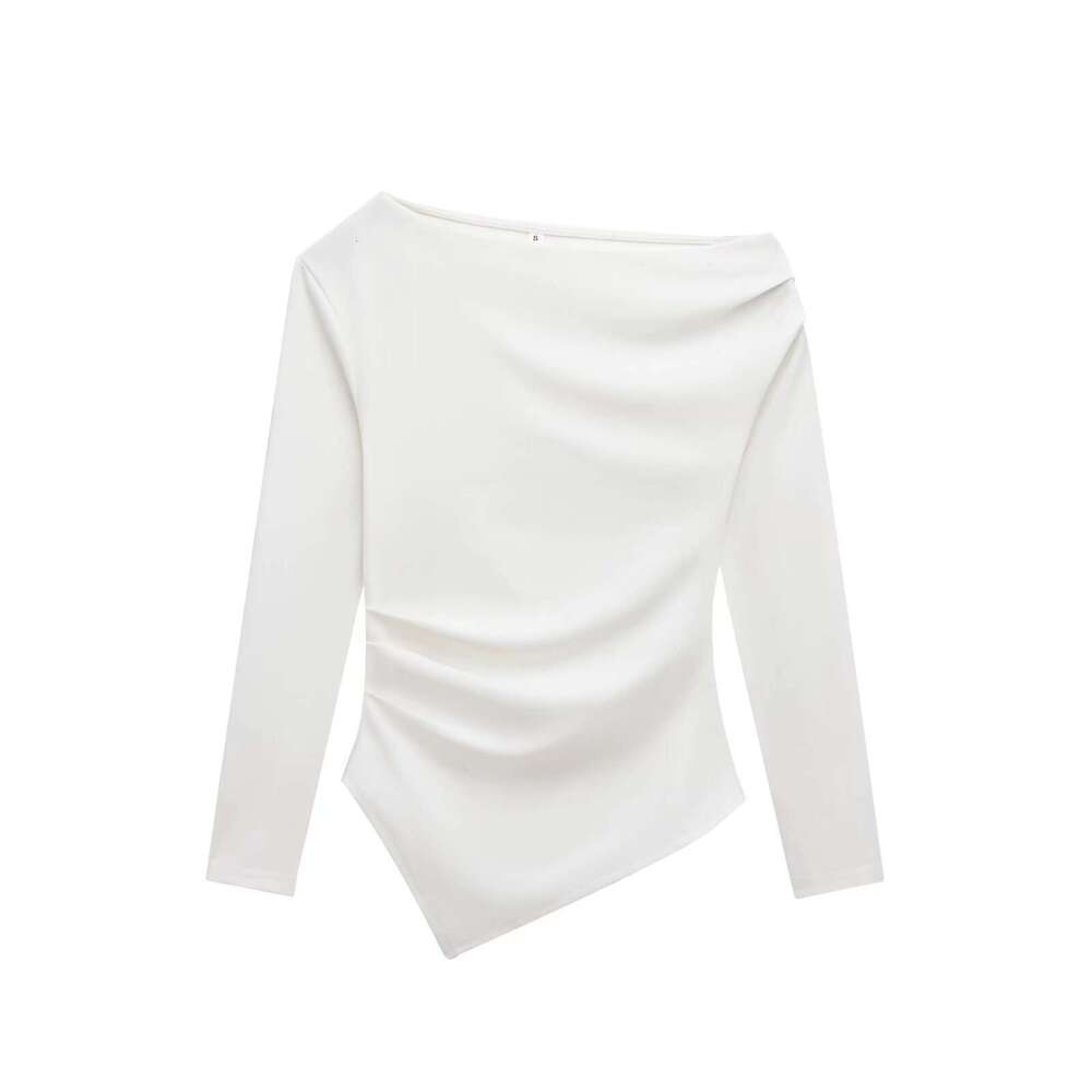 Cross-Border Foreign Trade Women's Clothing Autumn European and American Style Asymmetric Pleated Long-Sleeved Solid Color T-Shirt Top for Women