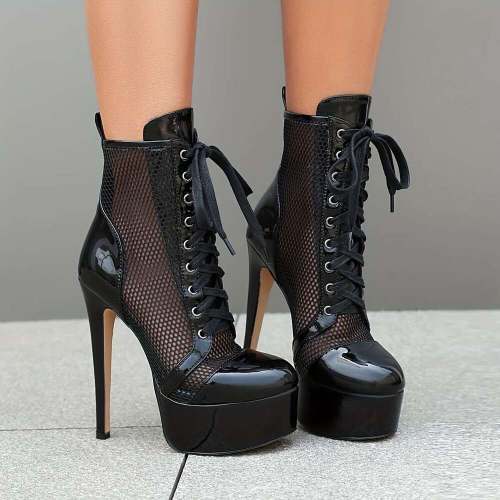 Women's Ultra High Heel Slim Booties, Lace-Up Platform Mesh Ankle Boots, High-Top Breathable Footwear