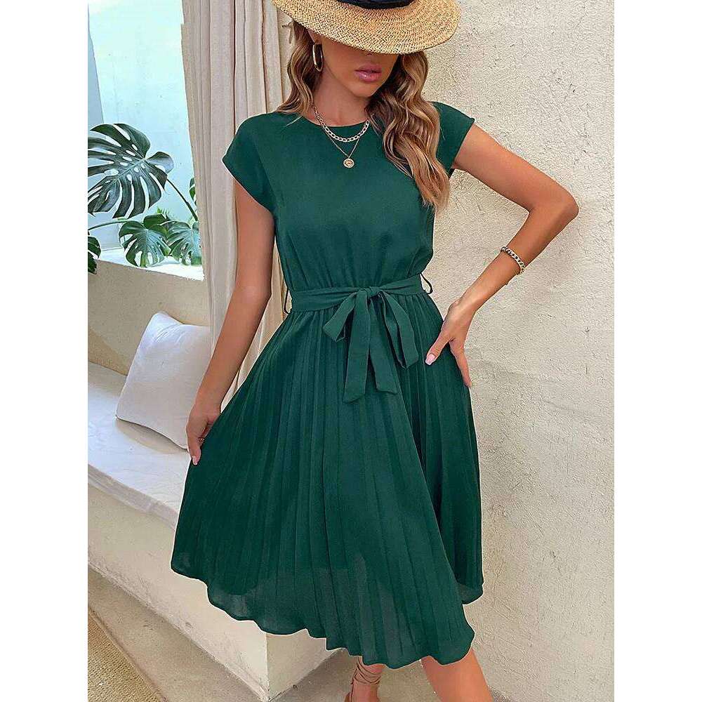 Elegant Women Summer Casual Beach Sundress Short Sleeve Pleated Midi Dress Soild Colour O Neck Tunic Dresses Fashion