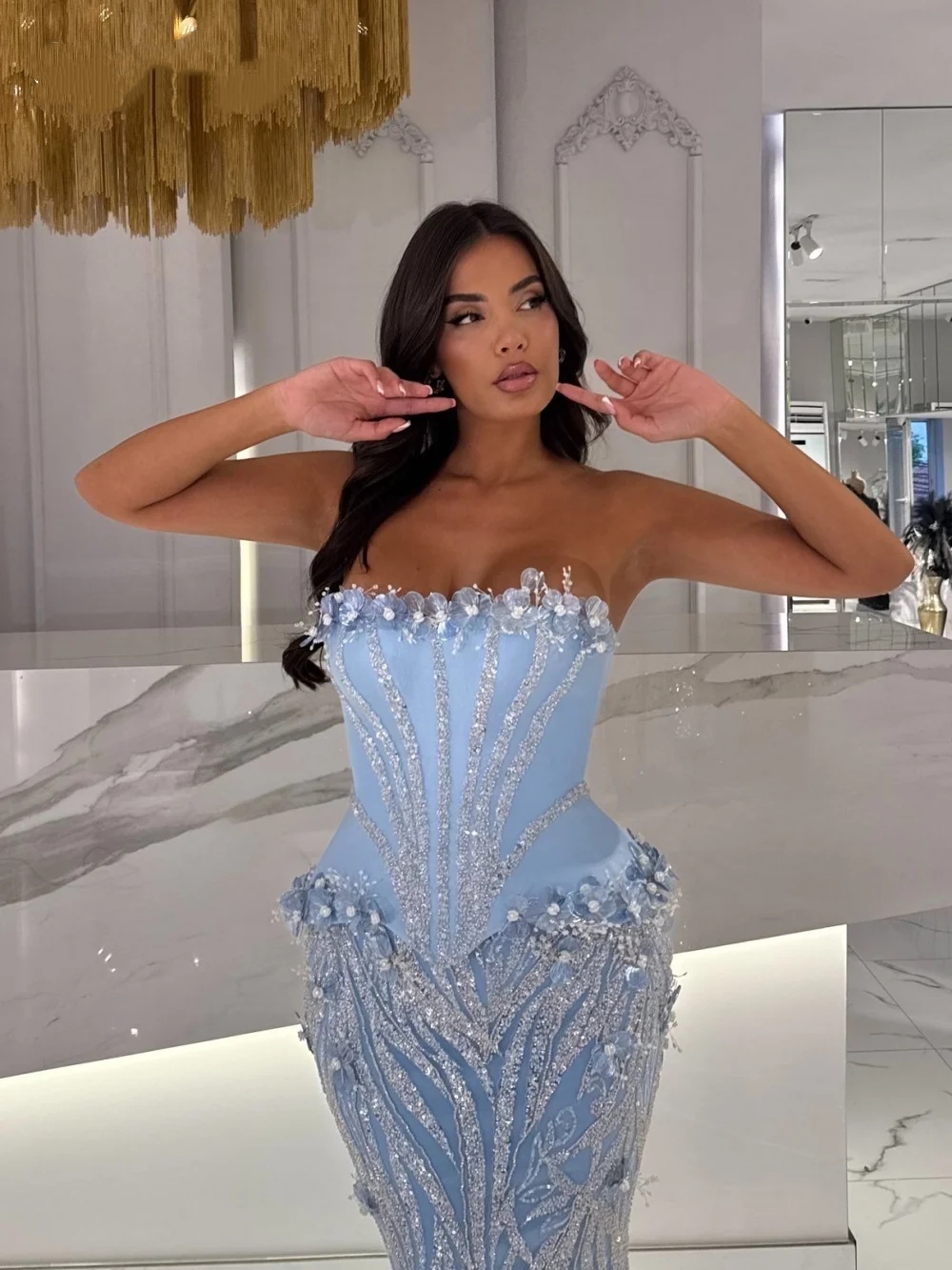 Stylish Strapless Evening Dresses Flowers Sequins Prom Gown Sleeveless Mermaid Sequins Sweep Train Customized Vestidos De Noche Plus Size