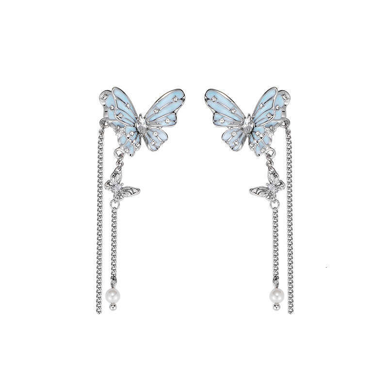 Original Long Tassel Blue Butterfly Earrings for Women, Light Luxury Fashion, High-end Feel, Gentle Temperament, 925 Silver Needle Ear Jewelry