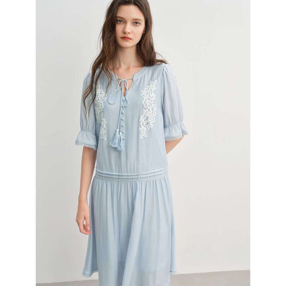 DUSHU Tassel Strap Embroidered 2025 Summer New Arrival Midi Dress 25Ds82898