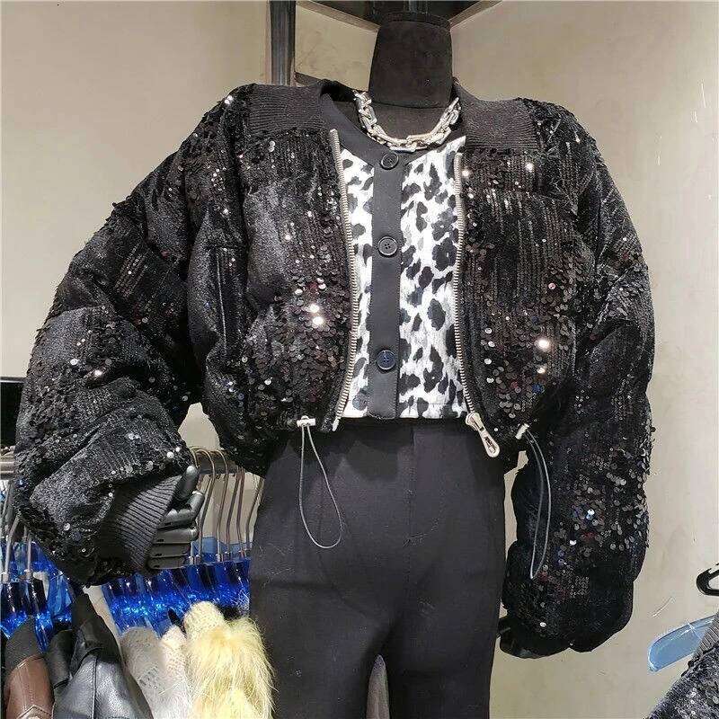 Sequins Women Parkas Fashion Zipper Loose Puffer Jacket Thick Warm Overcoat Winter Cotton Coat