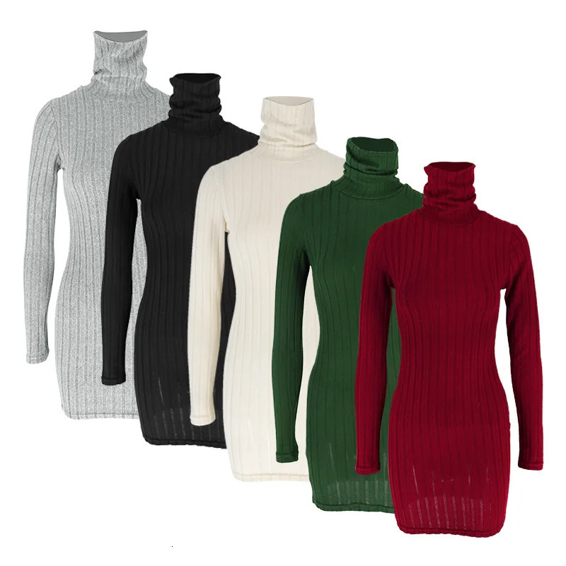 Autumn Winter Dresses Women Long Sleeves Turtleneck Solid Sexy Bodycon Sheath Mini Dress Club Elegant Party Knitted 251110