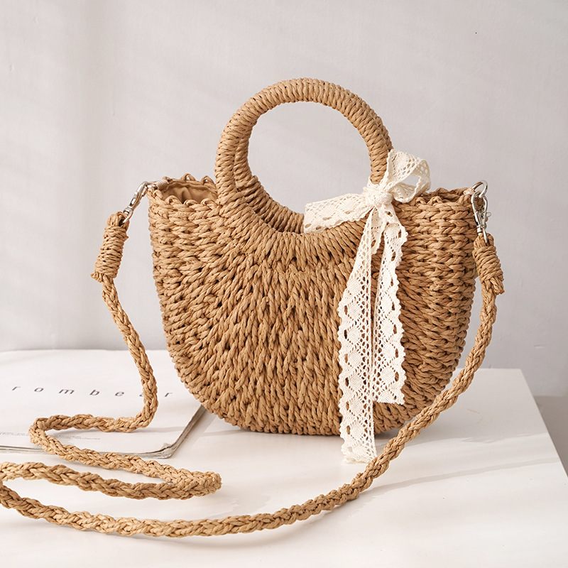 Round Bucket Moon Women's Crossbody Straw Bag Lace Strap Handbag Cheap Wholesale Bags