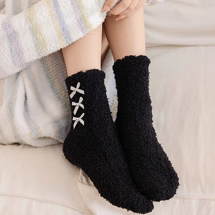 Lolita Sweet Women Bows Coral Fleece Socks Winter Thicken Warm Home Floor Socks Candy Color Soft Plush Socks Sleeping Socks 251106