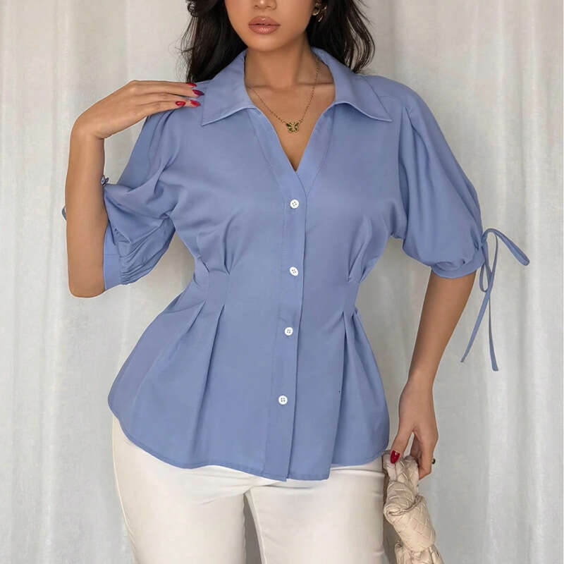 Cross-Border INS Foreign Trade European and American Solid Color Half Sleeve Drawstring 2025 Independent Station Elegant Waist-Cinching Cardigan Shirt