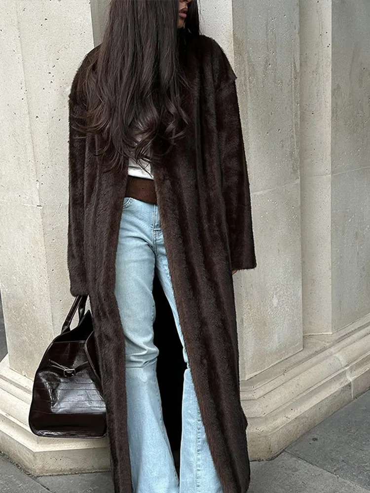 Women Casual Brown Faux Fur Coat Turtleneck Full Sleeve Fluffy Loose Striped Long Coats Lady Winter Daily Street Lace Up Jacket 251110