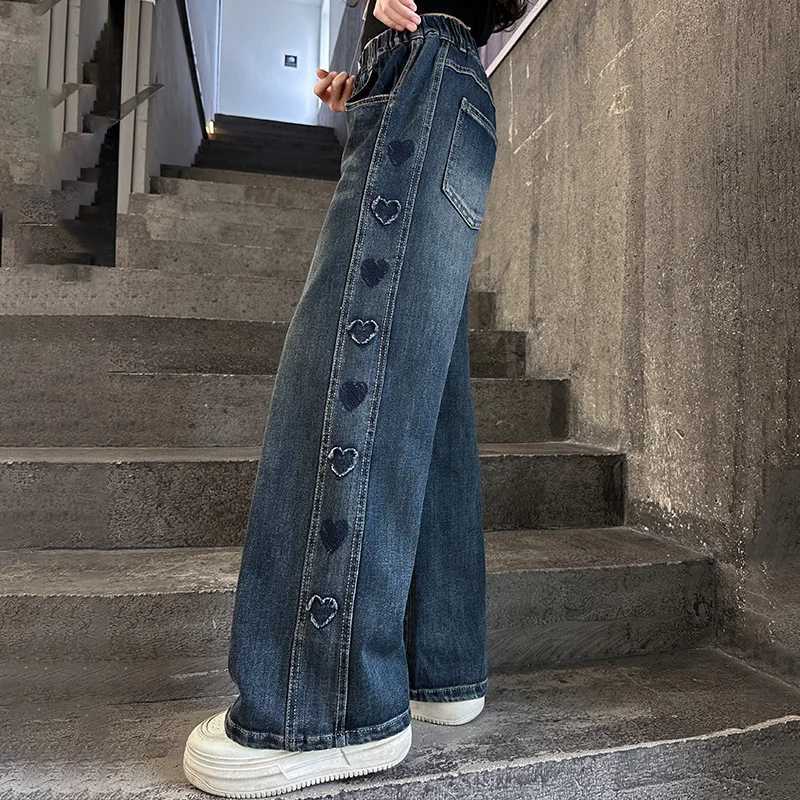 Autumn Teenager girl Heart Jeans Fashion RETRO Wide Leg Straight Denim Pants For Casual Streetwear Jeans Trousers 5-14Y C251110