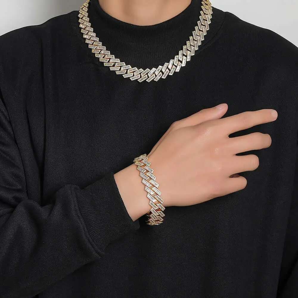 18mm Width Cuban Chain Prong Mixed Inlay CZ Cubic Zircon Plated Luxury Men Necklace Bling Full Iced Out Hiphop Jewelry 7-24
