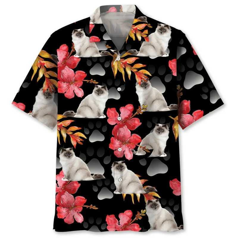 Interesting animal cat sunflower Hawaii 3D printed shirt mens summer short sleeved cute cat surfing beach shirt mens clothing X250410