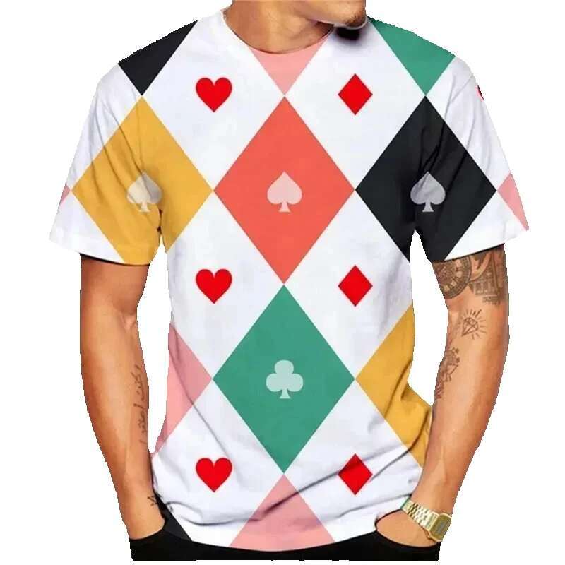 Men's summer short sleeved T-shirt, round neck, poker print, fashionable, sporty and casual, quick drying