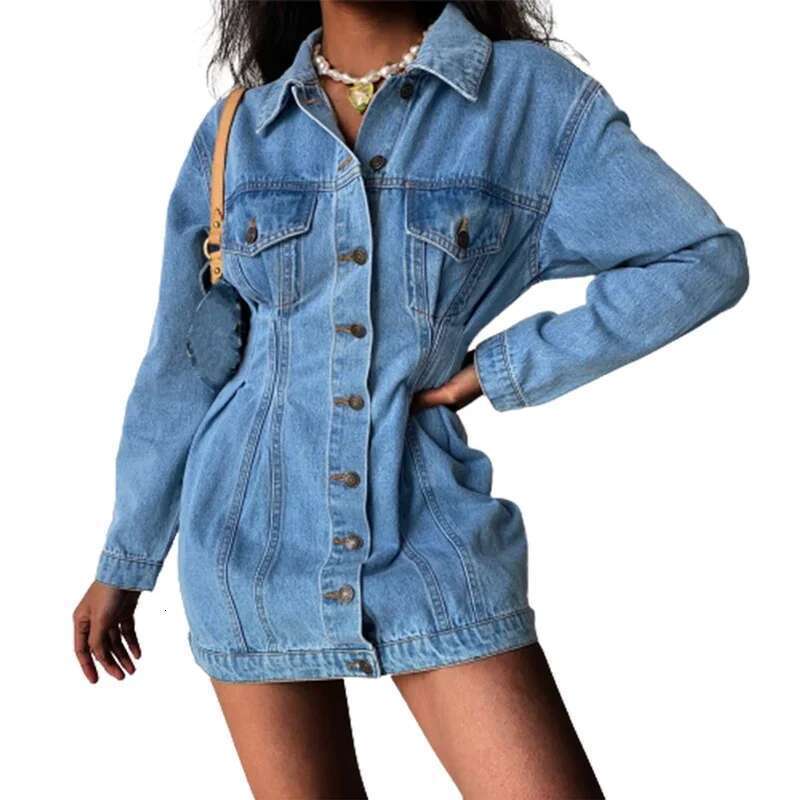 Women's Shrink Waist Slim Fit Denim Jacket Single-Breasted Splicing Pocket Coat Female Autumn Winter Daily Casual Long Outerwear