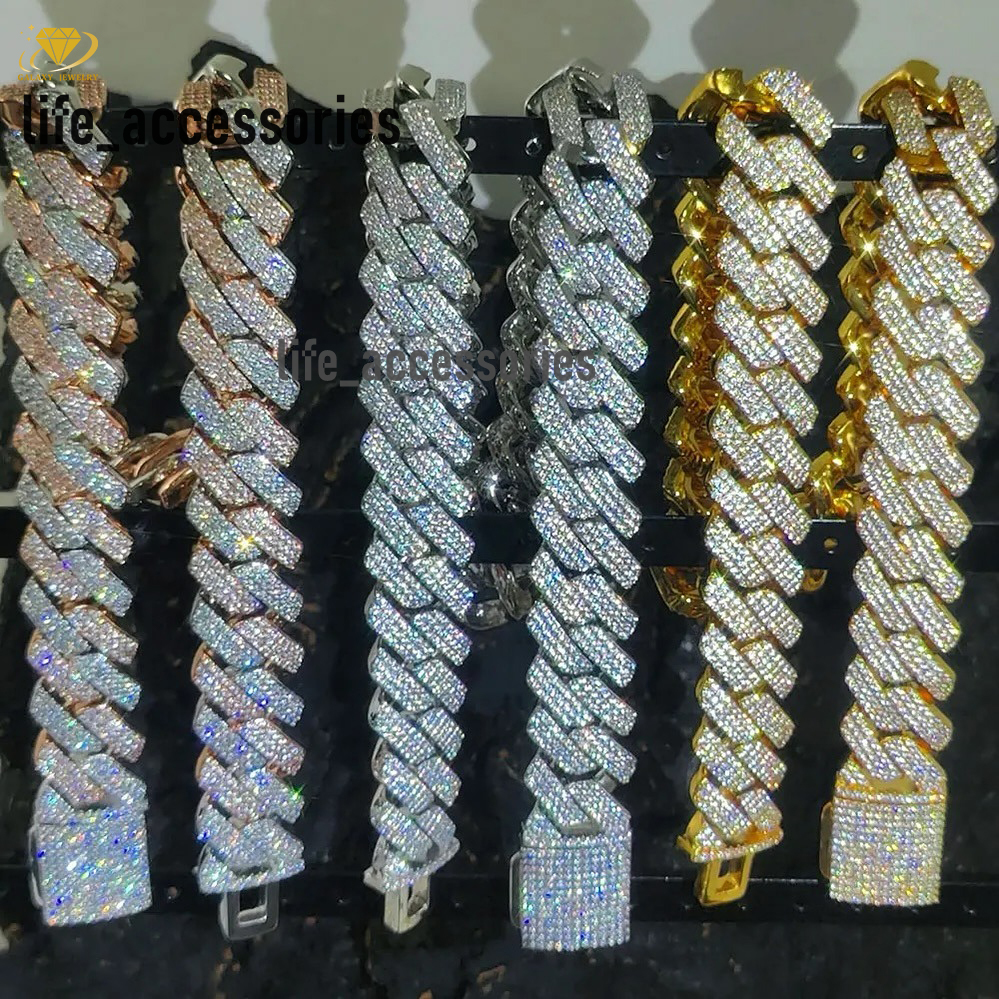 Fashion Jewelry Bracelets Necklaces 6mm-20mm 10K 14K 18K Gold 925 Sterling Silver 3 Rows Moissanite Cuban Link Chain