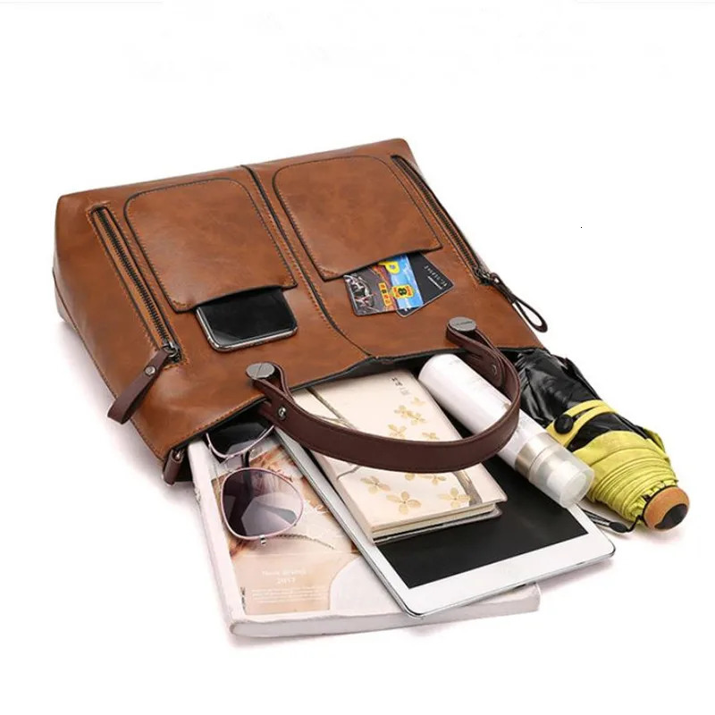 Retro leather handbag womens shoulder bag double pockets large capacity retro simple crossover 250401