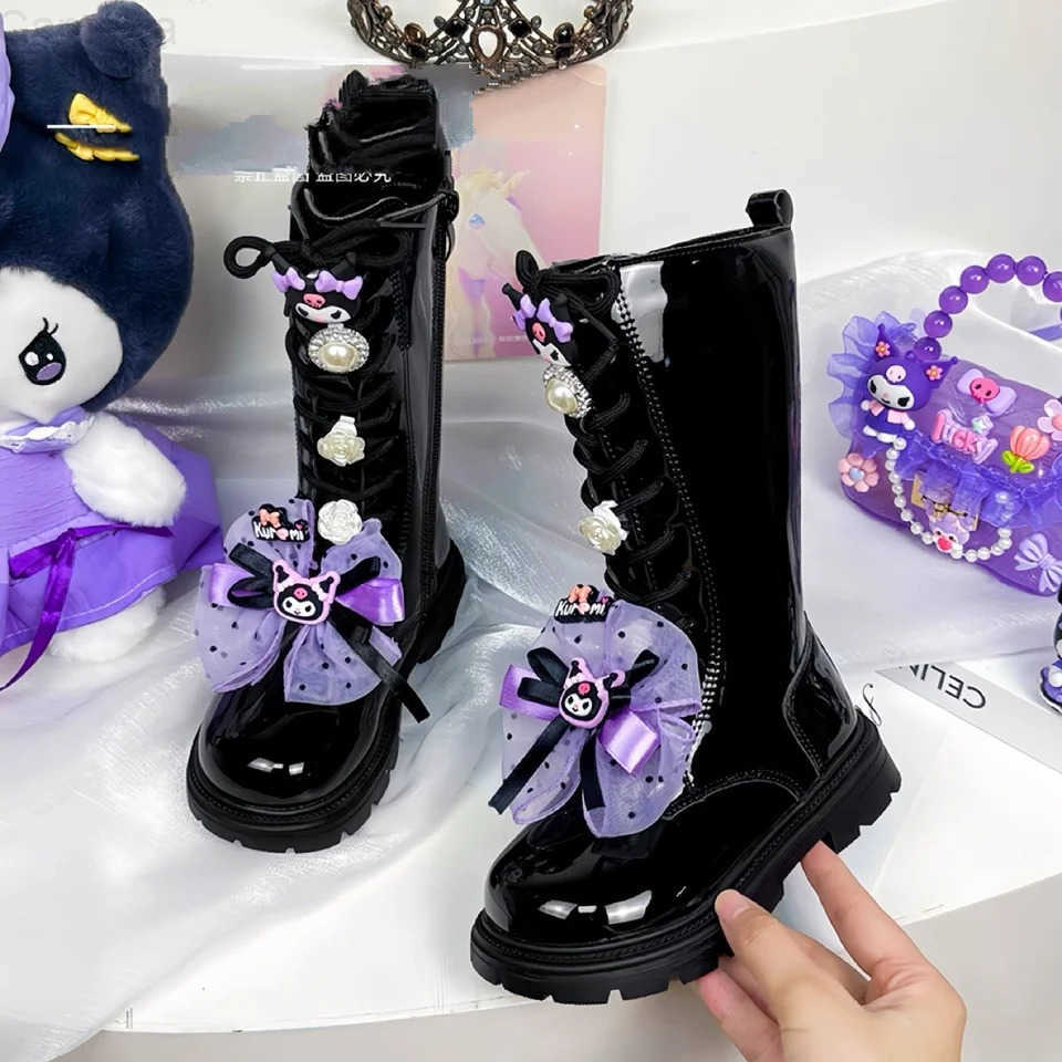 Sanrio Kawaii Anime Children Shoes Kuromi Girls Long Leather Boots Winter Kids Fashion Cartoon Soft Soled Casual Cotton Shoes H251110