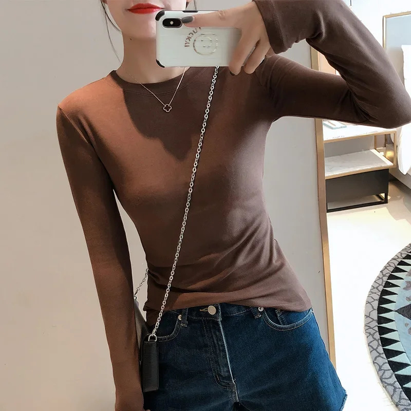 Womens 2025 highquality plain weave Tshirt cotton elastic basic womens casual top long sleeved sexy thin 250407