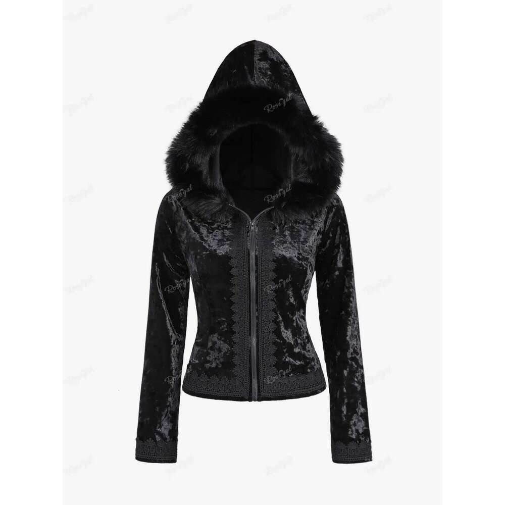 ROSEGAL Plus Size Gothic Coats Black Full Zipper Applique Panel Fur Trim Fluffy Collar Long Sleeves Velvet Coat Outwears