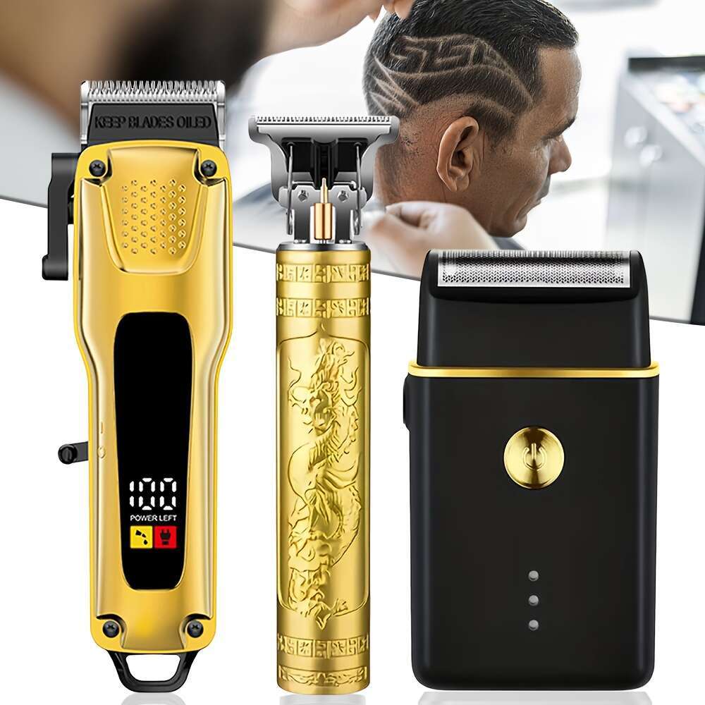 Golden 3Pcs Men's Kit: Electric Shaver, Hair Trimmer With LCD Display, 8 Combs, USB Cables, Perfect Dad, Boyfriend, Father's Day, Birthdays,