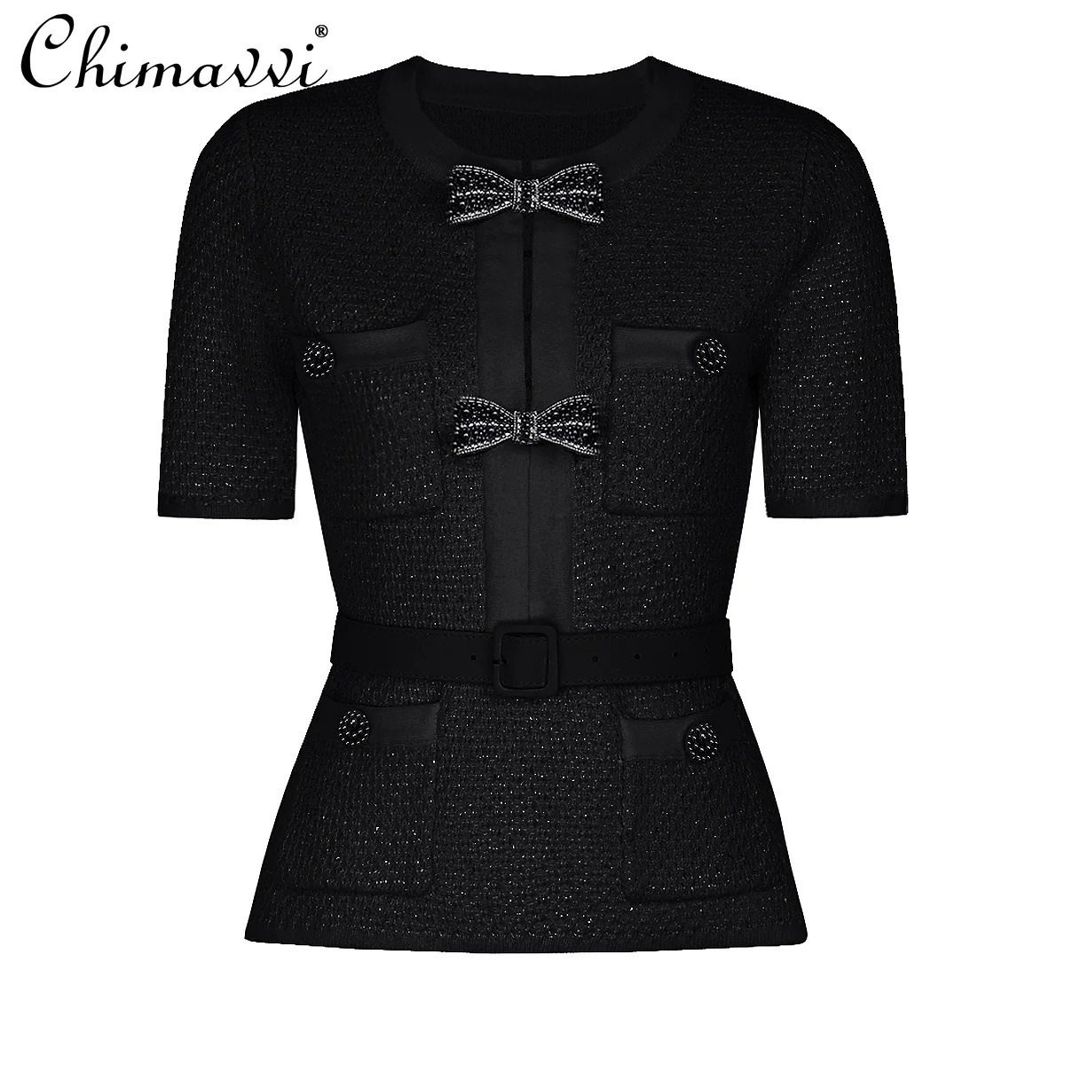 Autumn Clothes Heavy Bow Beaded Slimming Long Sleeve Knitted Top Skirt Set Elegant Black Women TwoPiece 251110