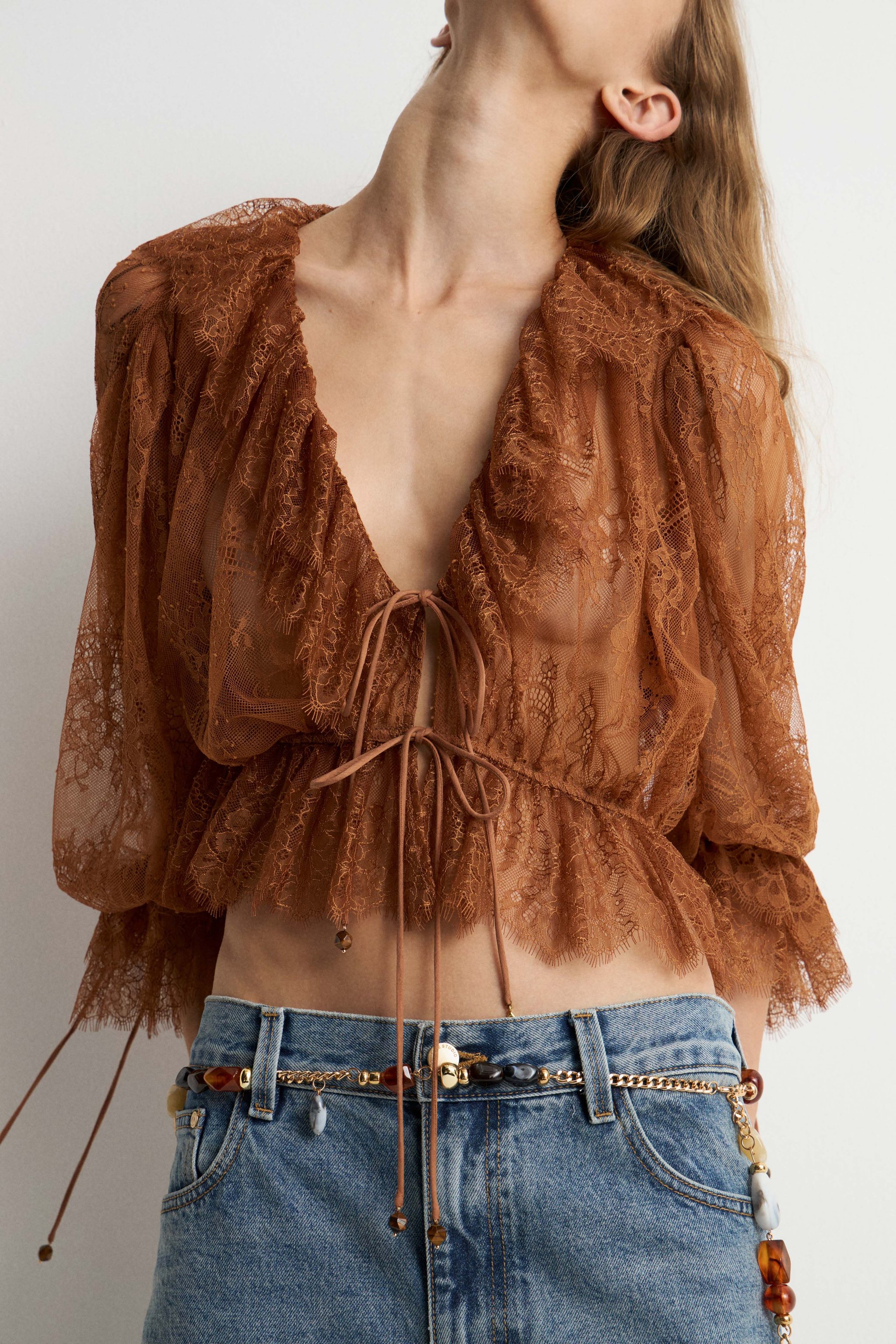 Women's Brown Sheer Lace Floral Blouse, V-Neck Tie Detail Ruffled Sleeve Top