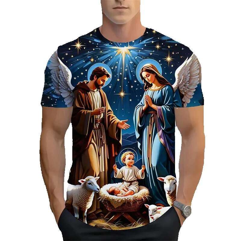 Men's printed short sleeved T-shirt, round neck, quick drying, casual, sporty, plus size, comfortable, summer fashion, Jesus Saint Mary's