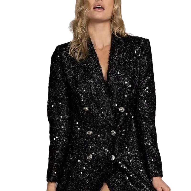 Women's Clothing Fashion Celebrity V Neck Temperament Suit Jacket Double Breasted Black Sequins Slim Long Top