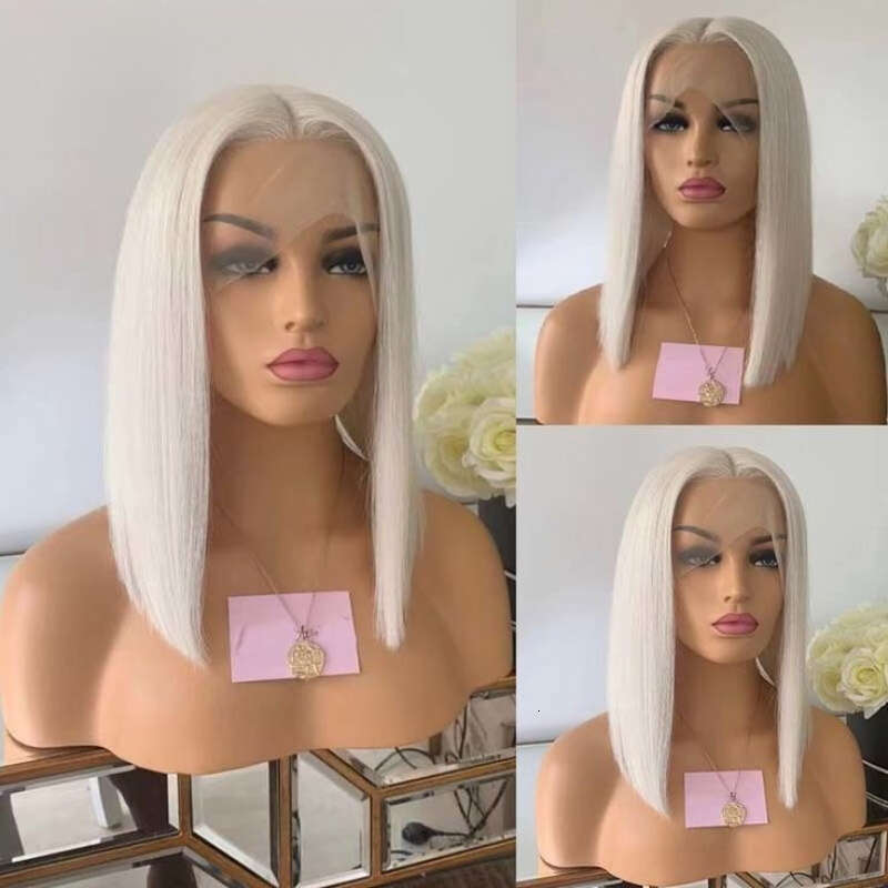 Glueless Human #60 White Platinum Wig HD 13X4 Lace Front Wigs For Women 12 Inch Silky Straight Blonde Bob Hair Pre Plucked And Bleached Knots