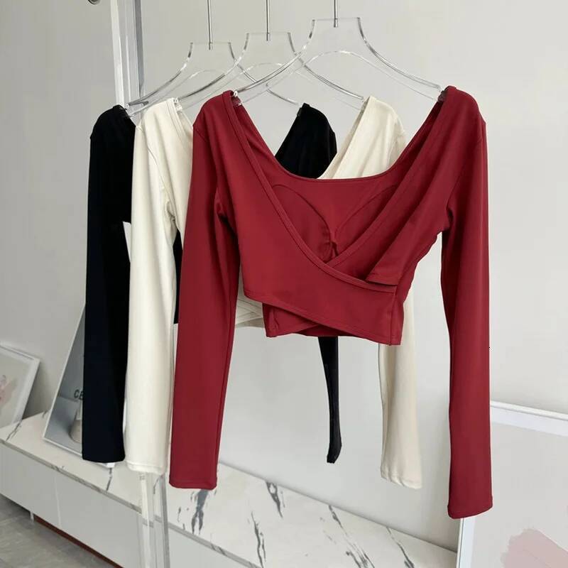 Women's Fitness Yoga Suit Back Cross Sports Top with Chest Cushion Long Sleeved T-Shirt for Running