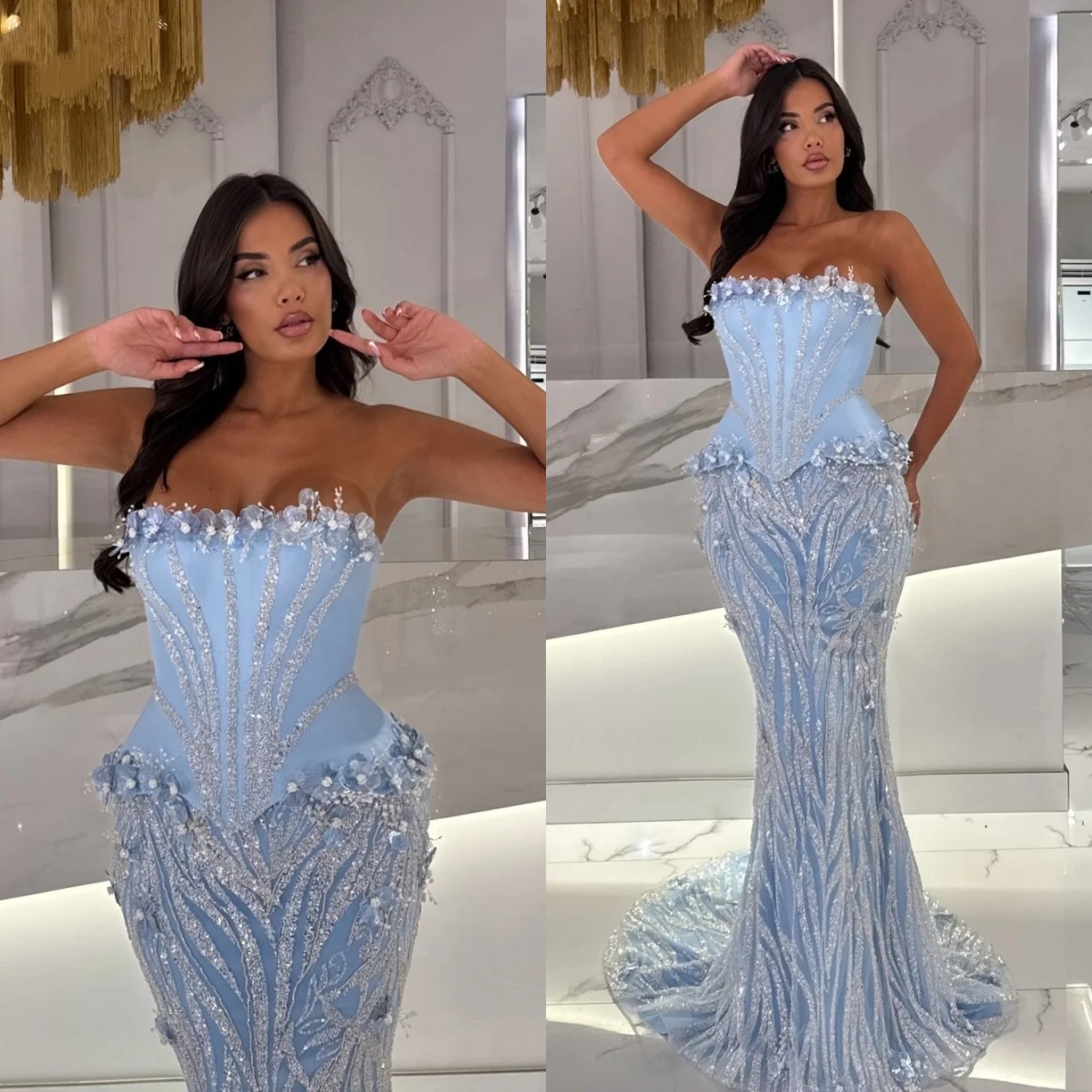 Stylish Strapless Evening Dresses Flowers Sequins Prom Gown Sleeveless Mermaid Sequins Sweep Train Customized Vestidos De Noche Plus Size