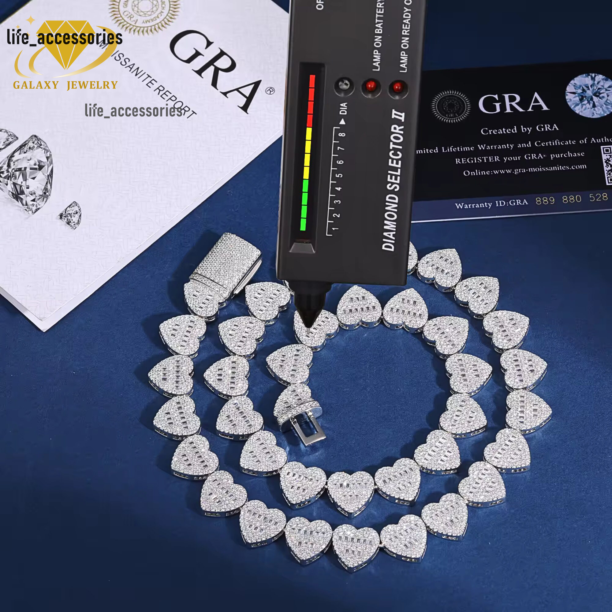 Pass Diamond Tester Fully Iced Out Heart Links Necklace White Gold Plated Baguette Moissanite Diamond 925 Silver Tennis Chains